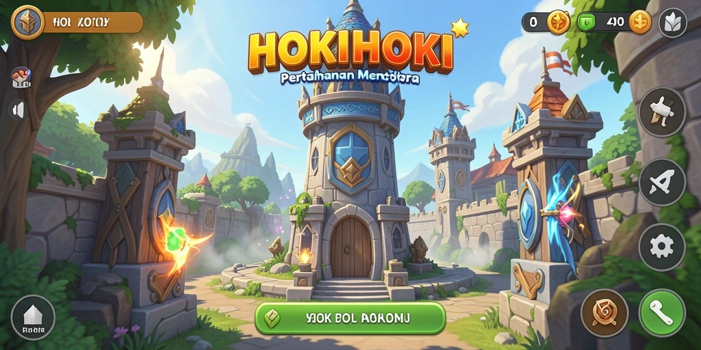 Screenshot gameplay HOKIHOKI yang menampilkan pertahanan menara yang epik.