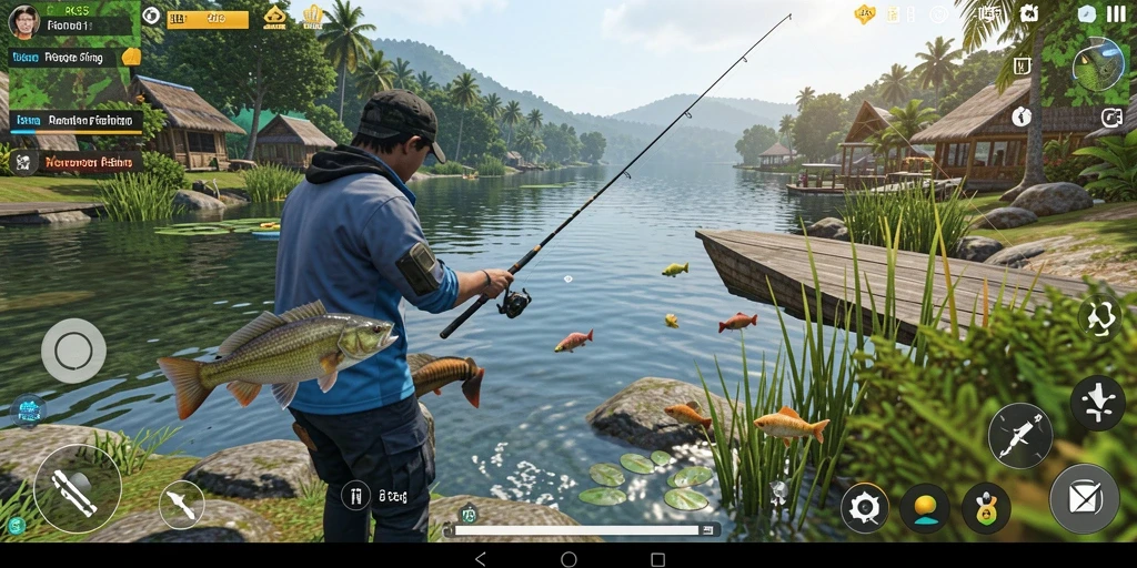 Tampilan gameplay RK55 saat memancing ikan di danau yang indah.
